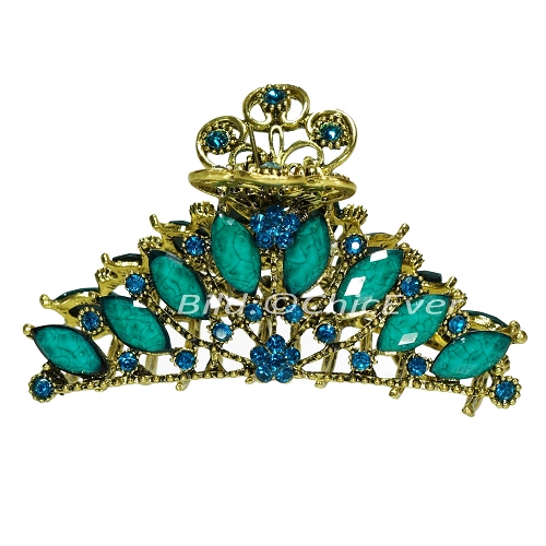 Haargreifer L Vintage Haarkneifer Haarklammer Metall & Strass grün türkis blau gold 5119d - zum Schließen ins Bild klicken